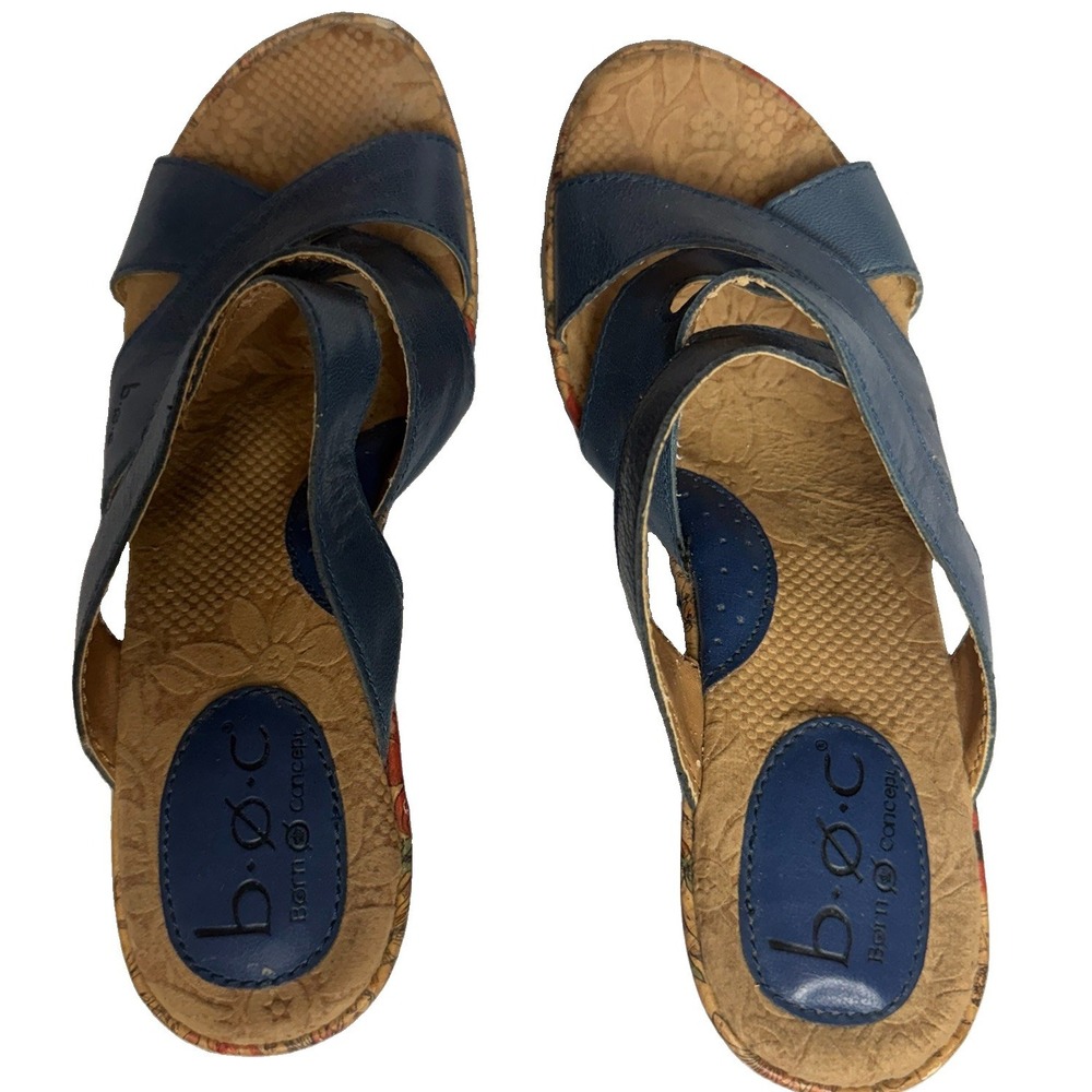 b.o.c. Born Concept Blue Floral Cork Wedge Sandals Women Size 7M Leather Boho